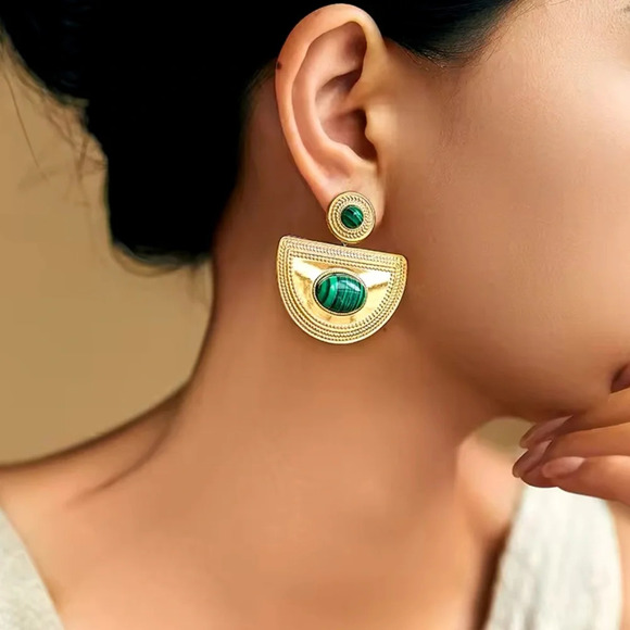 Malachite 18K Gold Stainless Steel Waterproof Earrings - Picture 2 of 5